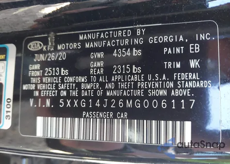 2021 Kia K5 Lxs from USA, damaged, VIN 5XXG14J26MG006117
